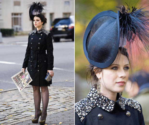 Michelle Trachtenberg on the set of Gossip Girl wearing an embellished Burberry trench coat