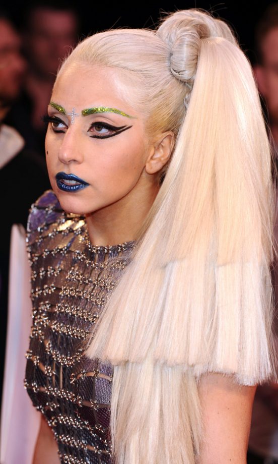 Lady GaGa Rocked A High Ponytail Hairstyle, Blue Lips And Glitter Eyebrows At The MTV Europe Music Awards 2011