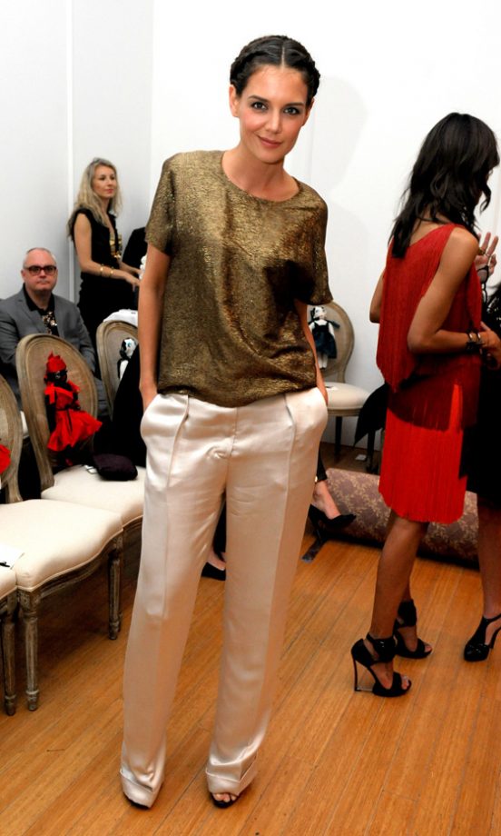 Katie Holmes Sparkled In Gold At The Lanvin Fashion Show - We're Loving The Heidi Plaits