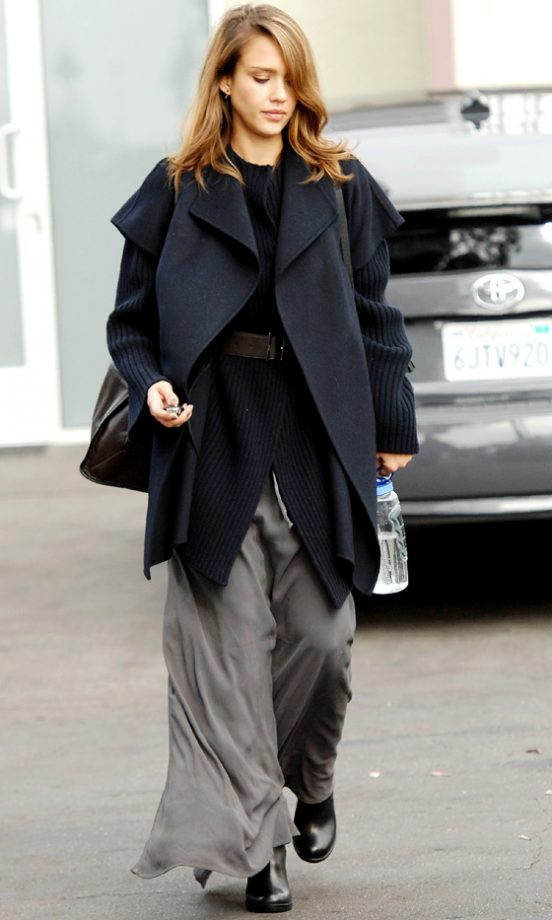 Jessica Alba Managed To Make A Maxi Skirt, Oversized Coat And Chunky Jumper Look Oh-So Sexy – Some Girls Have All The Luck, 2011