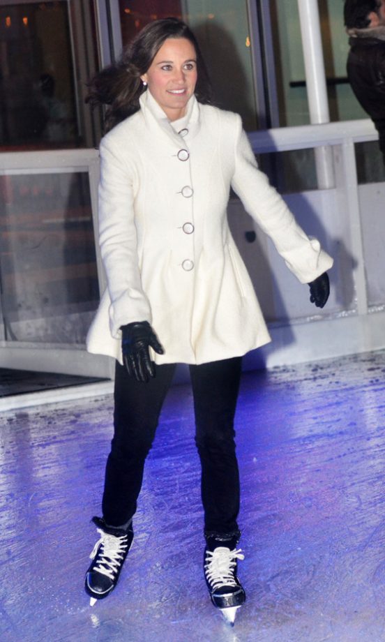 Pippa Middleton Hit The Ice For The Launch Of London’s Somerset House Ice Rink Wearing A Winter White Coat, 2011
