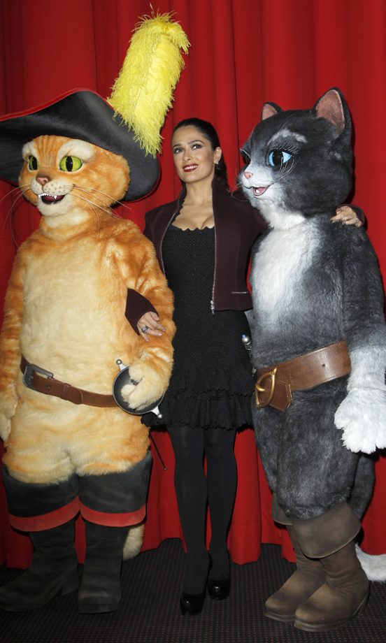 Over In Germany Salma Hayek Fooled Around With A Giant Puss In Boots