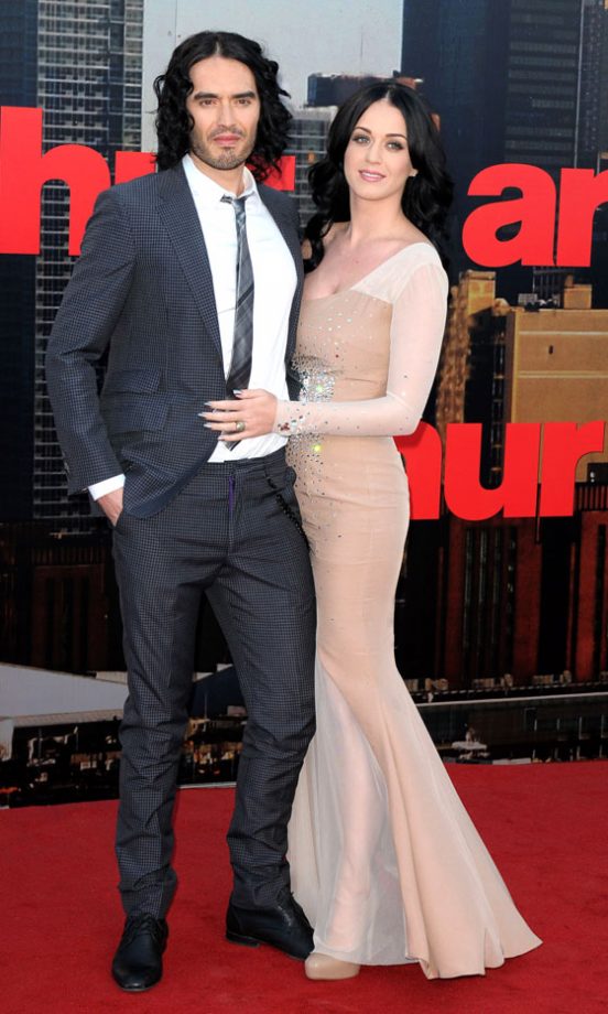 Katy Perry Supported Husband Russell Brand On The Red Carpet At The Premiere For His Film Arthur In An Amazing Nude Dress By Philip Armstrong. 2011