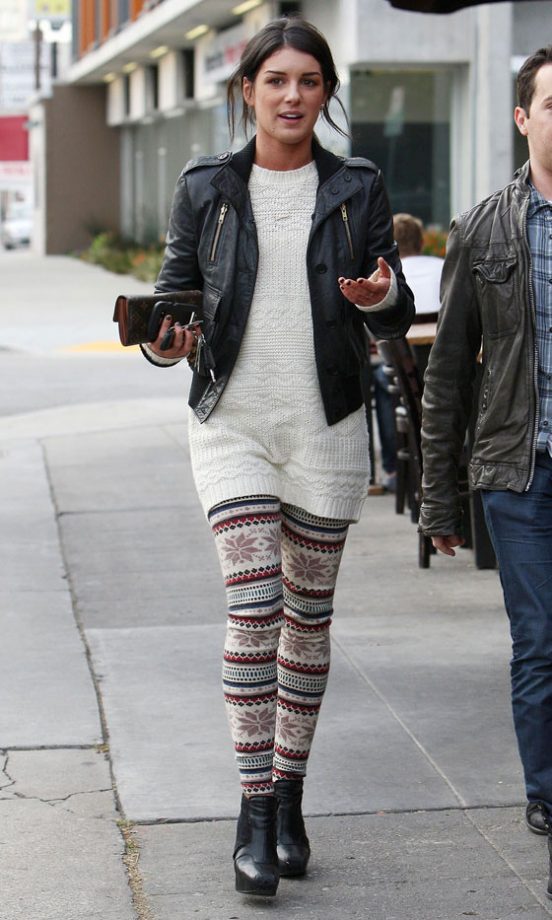 Shenae Grimes Worked Winter Chic In Knitted Leggings And A Cool Biker Jacket - We Love! 2011