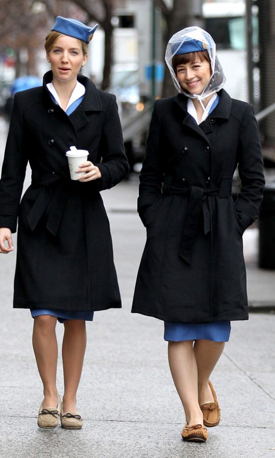 Karine Vanasse And Annabelle Wallis Dressed In 1960′s Pan Am Stewardess Uniforms On Set - We Wonder If This Look Will Catch On?