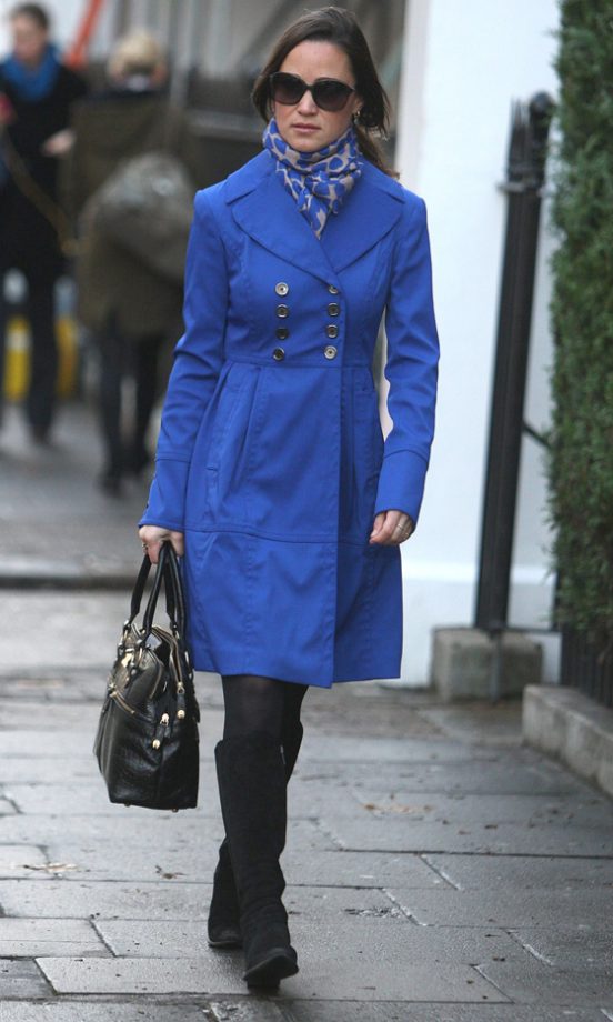 Pippa Middleton Wrapped-Up In Style Wearing A Chic Blue Belted Coat, 2011