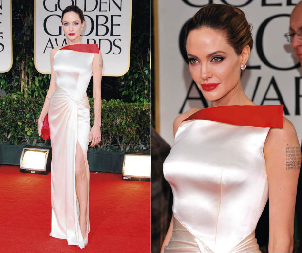 Angelina Jolie in Atelier Versace on the red carpet at the Golden Globes 2012