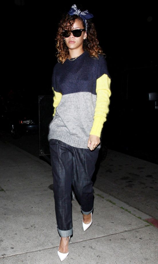 Rihanna Glammed Up Her Chunky Knit Jumper And Jeans With Bright White Shoes , 2012