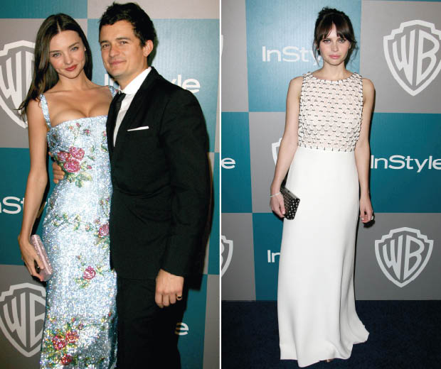 Miranda Kerr and Orlando Bloom, left and Felicity Jones, right at a Golden Globes 2012 after party