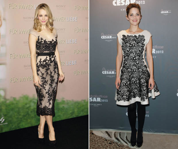 Rachel McAdams and Marion Cotillard both wearing monochrome lace dresses