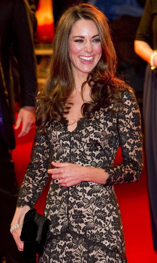 Kate Middleton Teamed Her Temperley Dress With Her Engagement Ring And A Diamond Bracelet At The War Horse Premiere, 2012