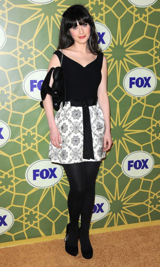 Zooey Deschanel Rocked A Powerful Mono Dress At The Fox All Star Party And Added A Pop Of Colour With Statement Red Lips, 2012