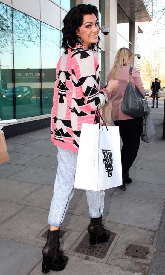 Jessie J Keeps It Casual In A Geometric Print Cardigan Out And About In London, 2012