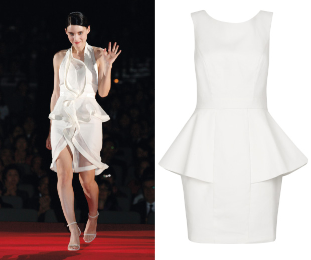 Rooney Mara wearing a white peplum dress, and a similar version from Lipsy