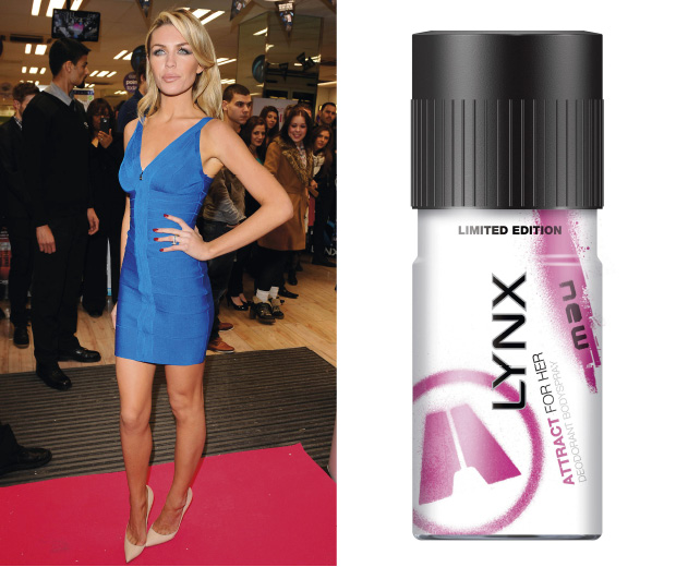 Abbey Clancy wears a blue bandage dress to launch Lynx's first ever female fragrance, Attract For Her