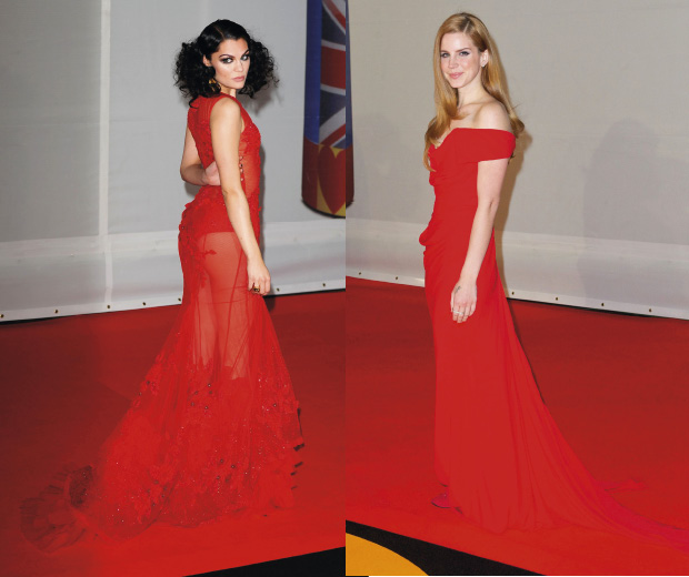 Jessie J in Falguni & Shane Peacock and Lana Del Ray in Vivienne Westwood at The Brits 2012