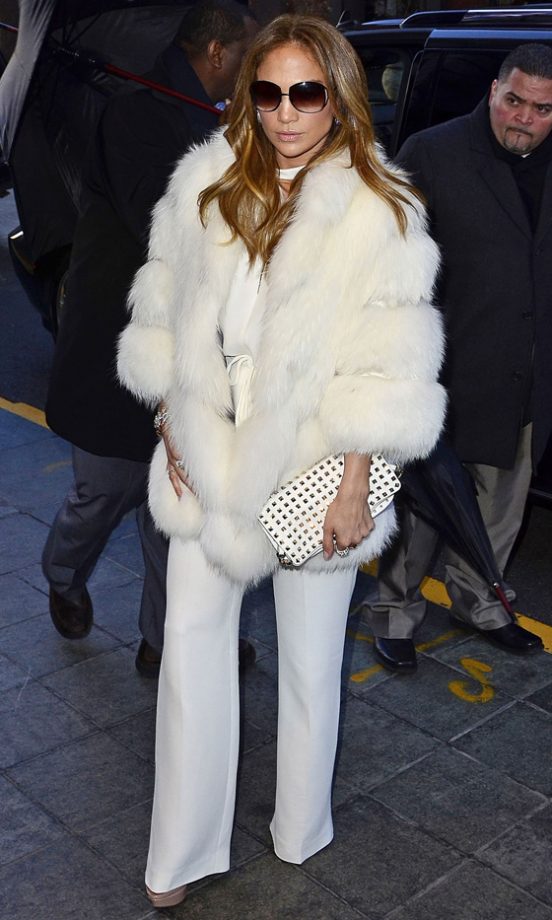 Jennifer Lopez Arrived At The Today Show In A Fendi Jumpsuit Teamed WIth White Fur, 2012