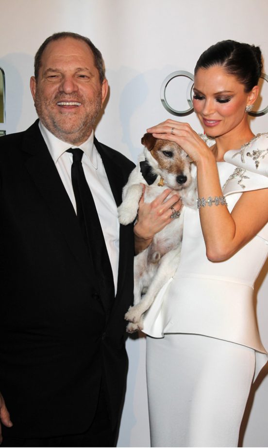Georgina Chapman And Harvey Weinstein With Uggie The Dog At The Weinstein Company Post Oscar Event, 2012