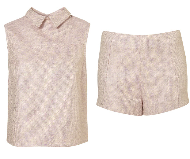 Lilac shell top and shorts, £55 each, Topshop Boutique