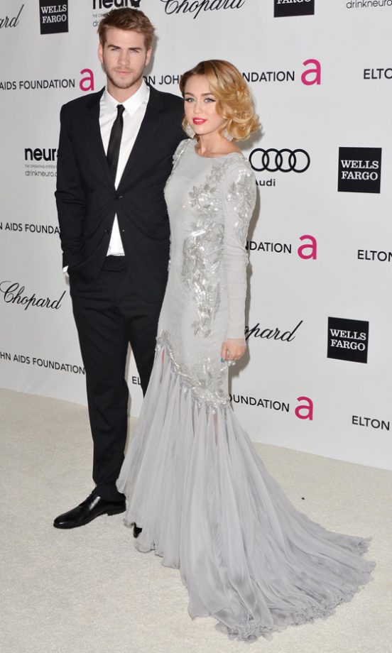 Miley Cyrus And Liam Hemsworth At Elton John's AIDS Foundation Oscar Party 2012