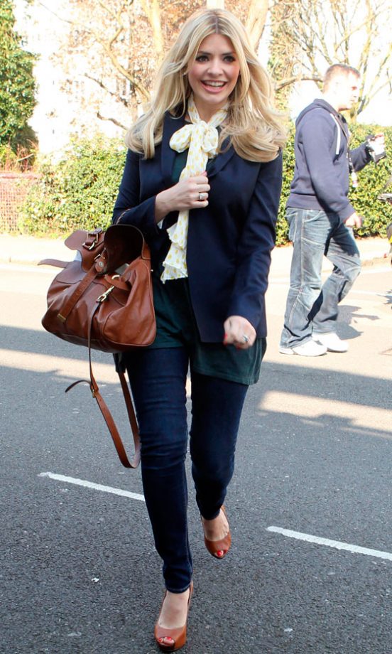 Holly Willoughby Looks Stylish In A Pussybow Blouse And Navy Suit, 2012