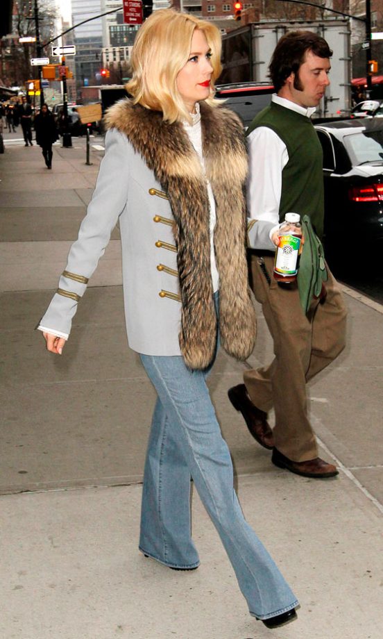 January Jones Wear Flared Jeans And A Military-Inspired Coat Out And About, 2012.