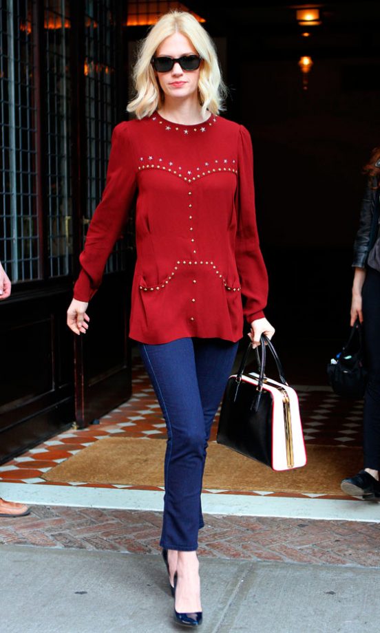 January Jones Makes A Statement In A Bold Red Dress And Skinny Jeans, 2012