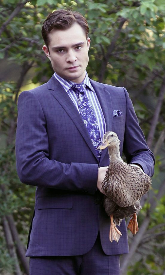 Ed Westwick Doesn't Look Amused Holding A Duck As He Plays Chuck Bass On The Gossip Girl Set (Series 5)
