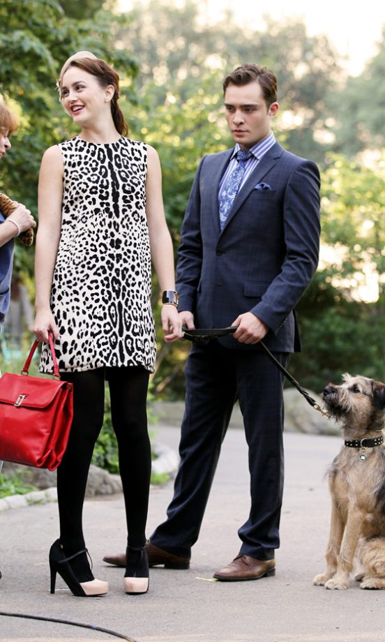Leighton Meester Rocks A Dolce & Gabbana Leopard Print Dress On The Gossip Girl Set With Ed Westwick