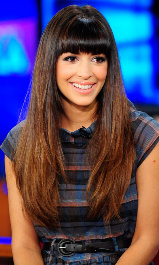 Hannah Simone Teams Her Mega Glossy Caramel Locks With A Striped Dress, 2012