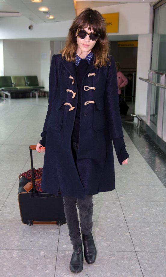 Alexa Chung Dons A Duffle Coat As She Arrives At London Heathrow, 2012