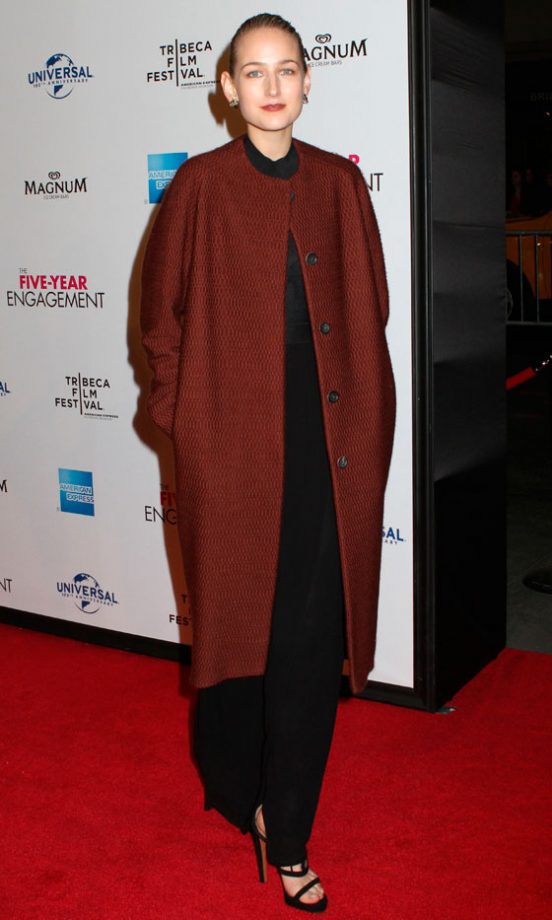 Leelee Sobieski Covers Up In This Burnt Red Collarless Jacket, 2012