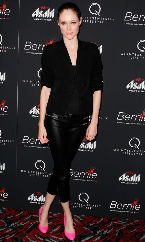 Coco Rocha Rocks Neon Pink Pumps With Leather Cropped Trousers, 2012