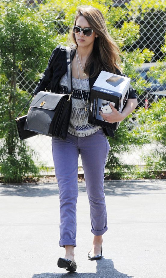 Jessica Alba Can't Get Enough Of Pastel Skinnies, Love This Lavender Pair, 2012