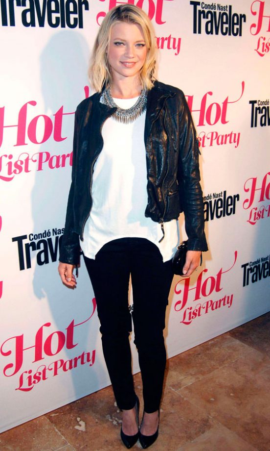 Amy Smart Rocks A Biker Chick Look With Leather Jacket And Statement Necklace, 2012