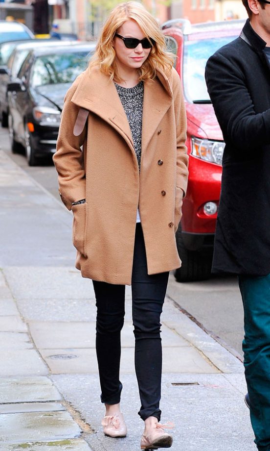 Emma Stone Works The Off-Duty Look In A Camel Coat And Skinny Jeans, 2012