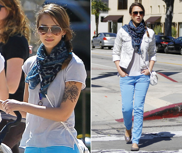 Jessica Alba shows off a statement (but temporary) tattoo after slipping off her denim jacket while out in LA