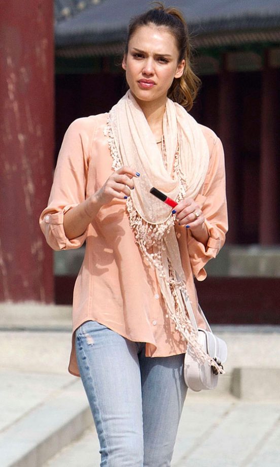 Jessica Alba Teams Pale Jeans With A Pretty Pastel Shirt And Scarf, 2012