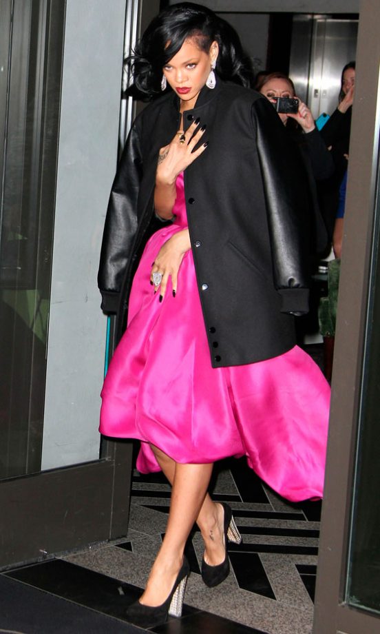 Rihanna Covers Up Her Glam Gown With An Off-The-Shoulder Jacket, 2012