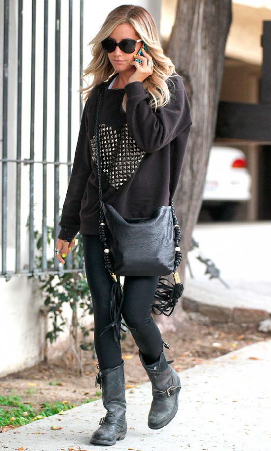 Ashley Tisdale Kept To Black Separates And A Studded Heart Sweatshirt, 2012
