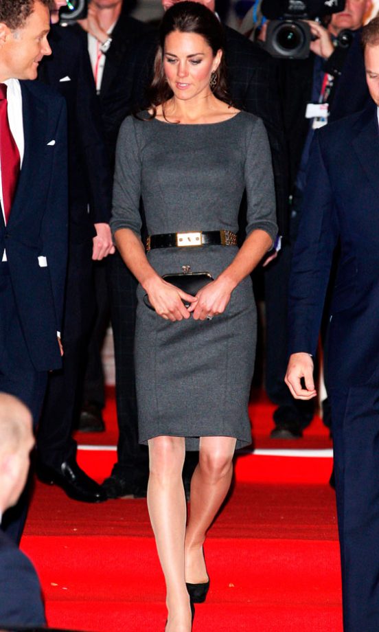 Kate Middleton Looked Classic In A Grey Dress With Simple Black Accessories, 2012