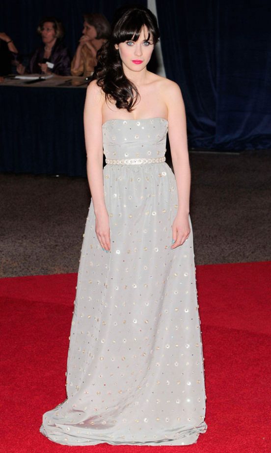 Zooey Deschanel Made The Most Of Her Luminous Skin In A Grey Beaded Dress, 2012