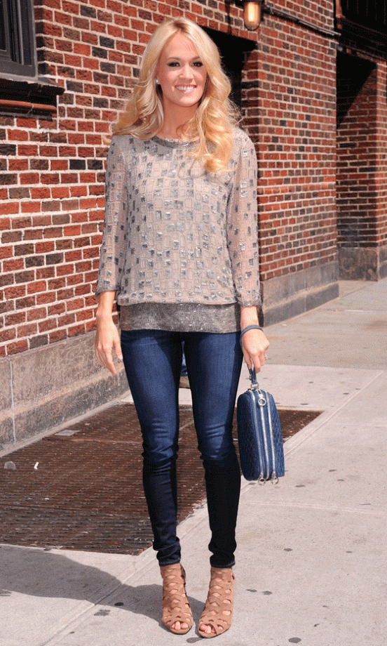 Carrie Underwood Added A Touch Of Glamour To Her Look With An Embellished Metallic Top, 2012