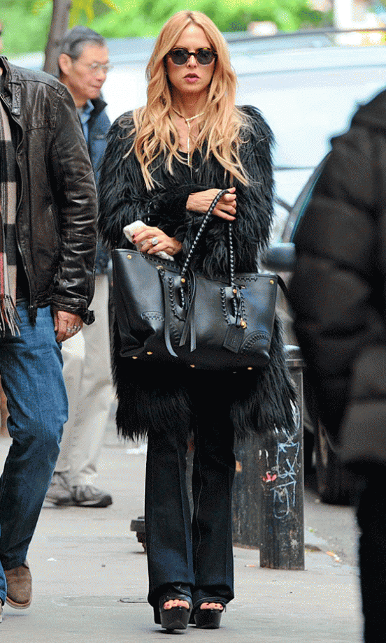 Rachel Zoe Owned Off-Duty Chic In A Shaggy Black Coat And Oversized Bag, 2012