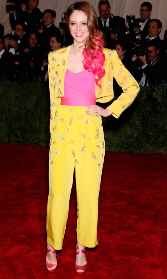 Coco Rocha Teamed A Bright Yellow Studded Suit With Hot Pink Accessories At The Met Ball 2012