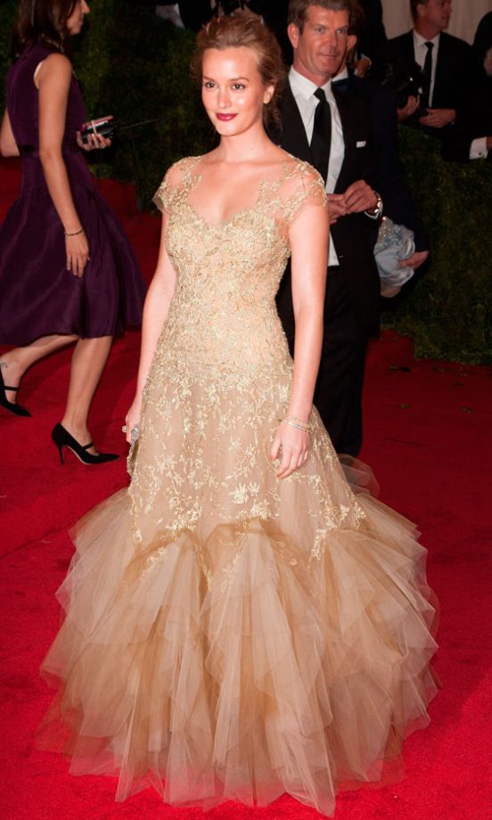 Leighton Meester Sparkled In A Stunning Gold Dress With Statement Fishtail Hem At The Met Ball 2012