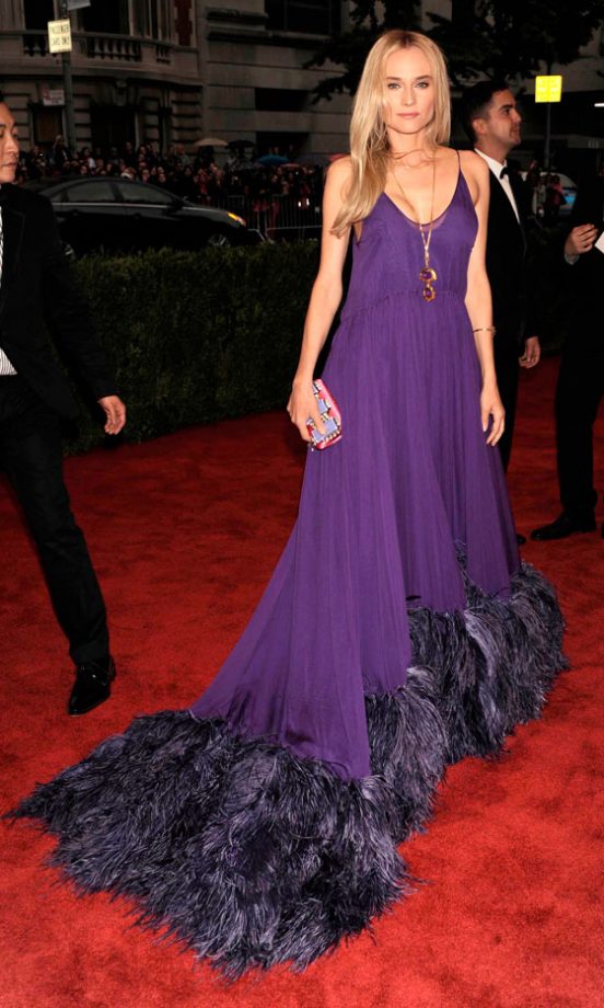 Diane Kruger Owned The Red Carpet In A Dark Purple Dress With Statement Train At The Met Ball 2012