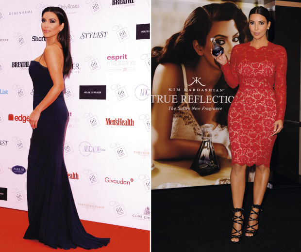 Kim Kardashian promotes her new fragrance True Reflection, wearing two gorgeous dresses