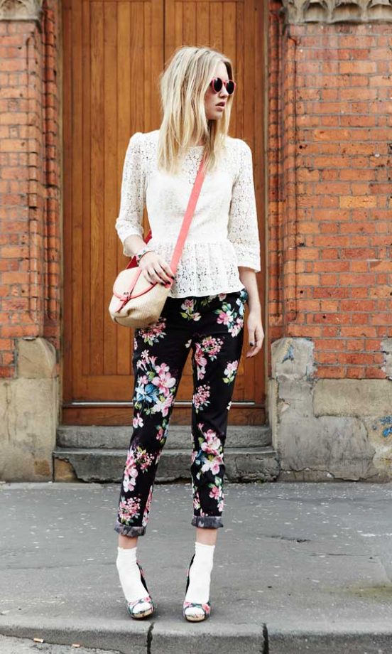 Love Label Lace Peplum Blouse, £25 and Love Label Floral Printed Trousers, £27