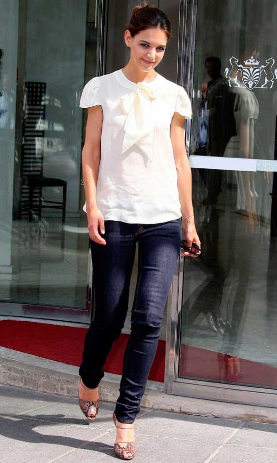 Katie Holmes Looks Great In This Pussy Bow Blouse And Jeans Combo, 2011